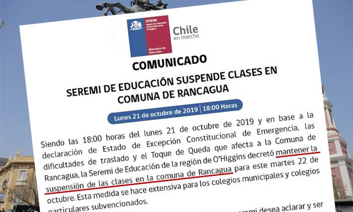 Este martes se suspenden las clases en Rancagua