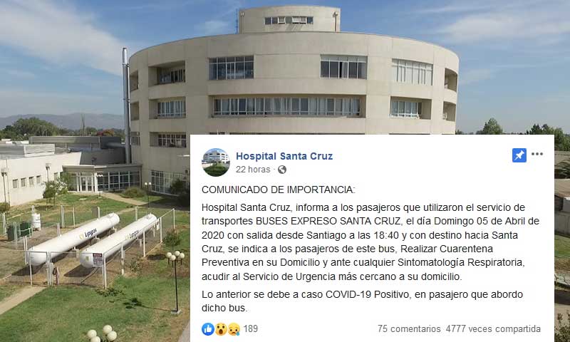Información dada por Hospital de Santa Cruz sería el nuevo caso confirmado en la Región