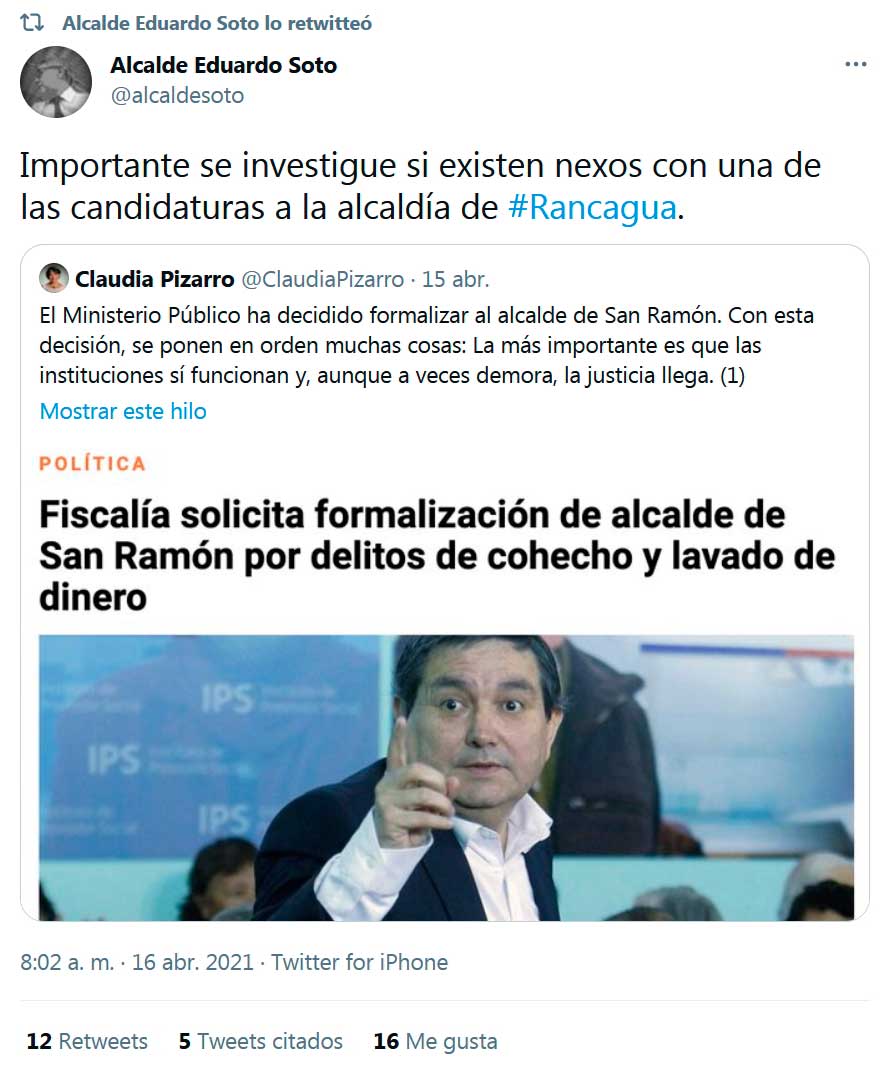 El polémico tuit del alcalde Eduardo Soto y que involucra a los candidatos a la alcaldía de Rancagua