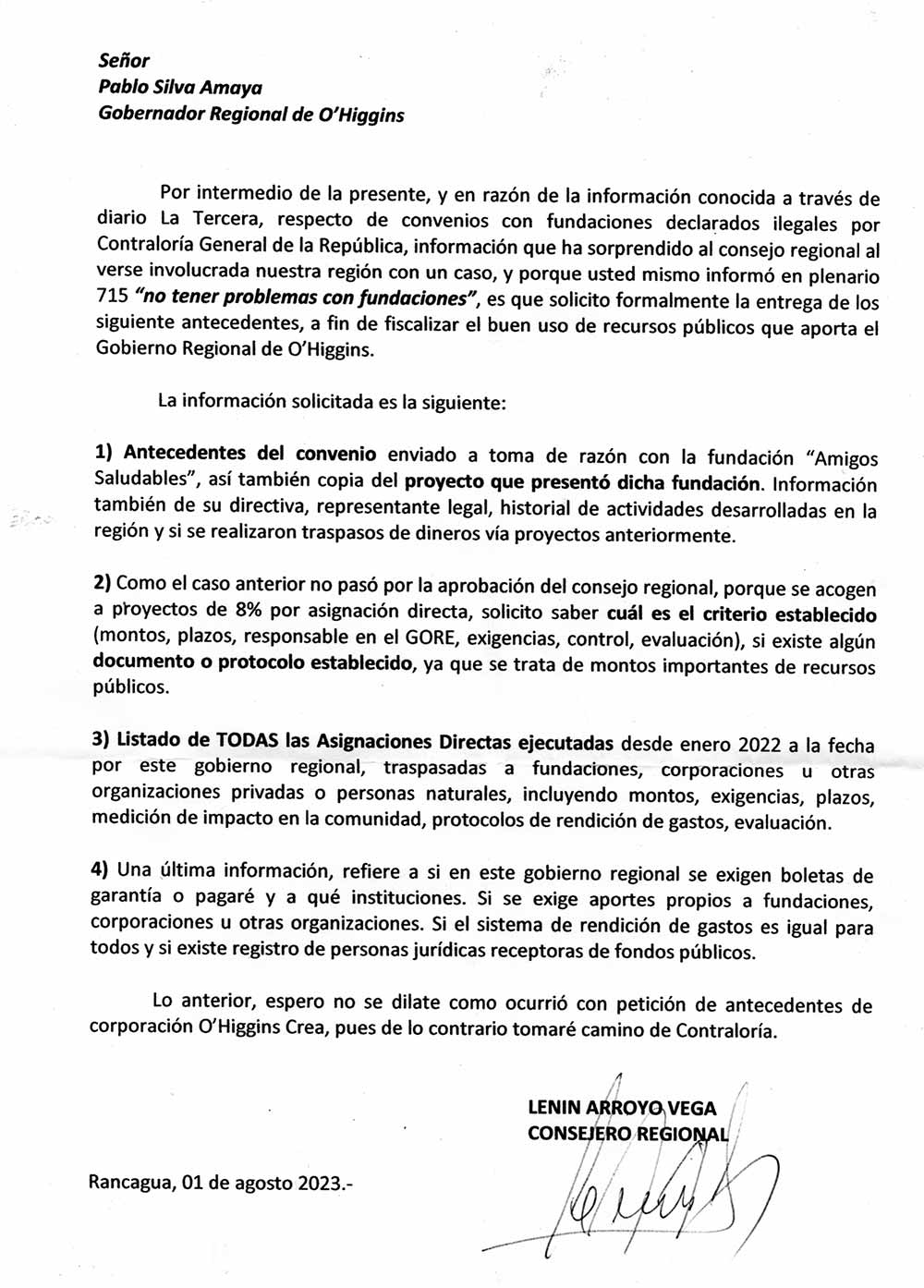 Carta Lenin Arroyo a gobernador regional