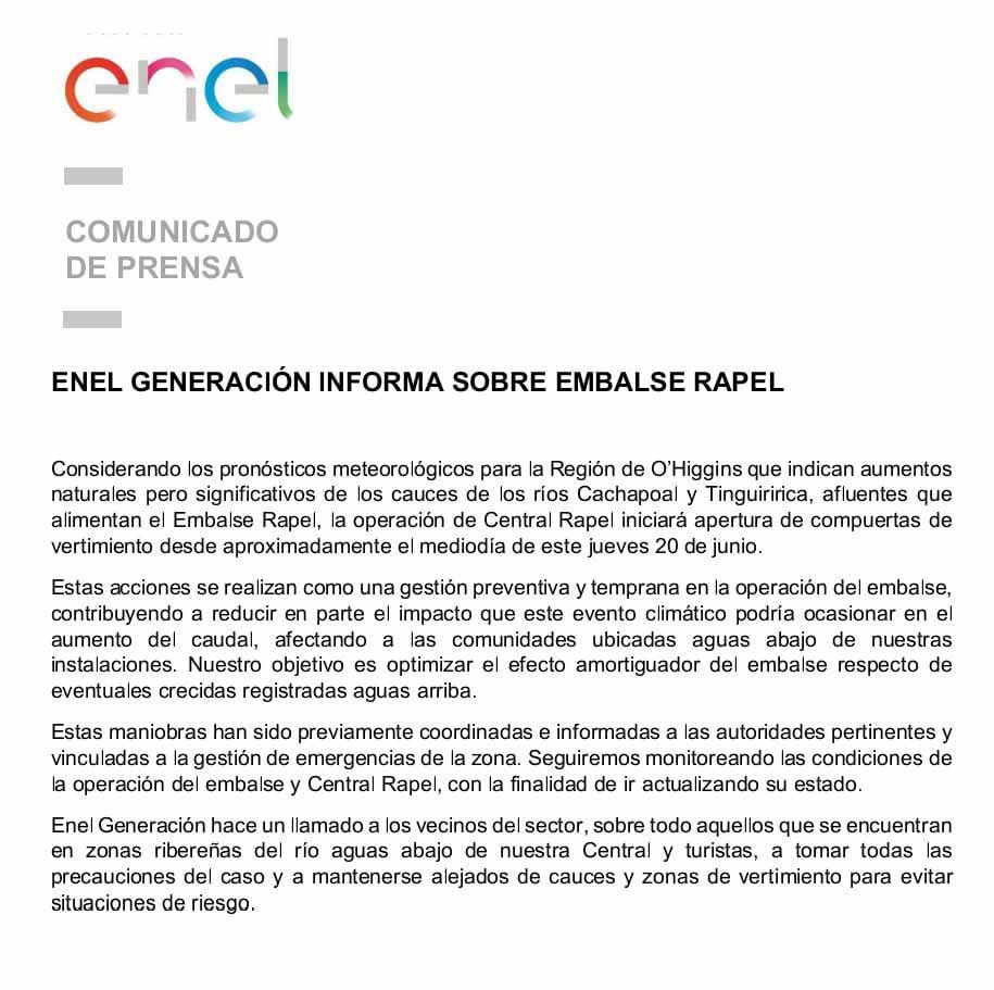 comunicado enel Embalse Rapel