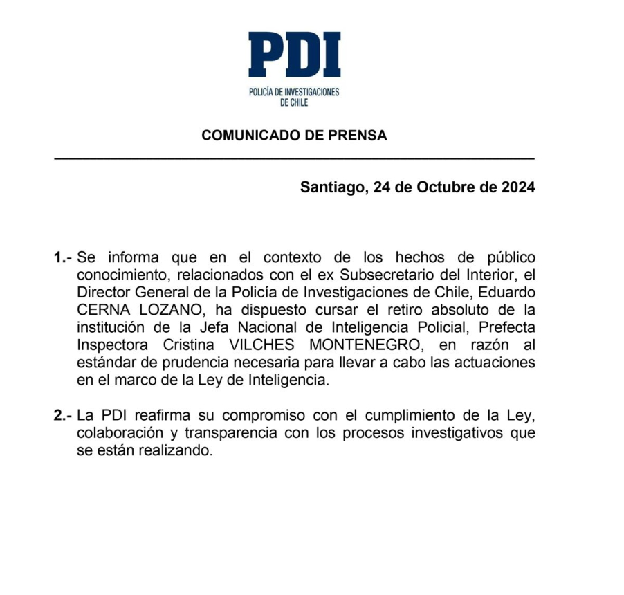 PDI anuncia retiro absoluto de jefa nacional de Inteligencia Policial por caso Monsalve