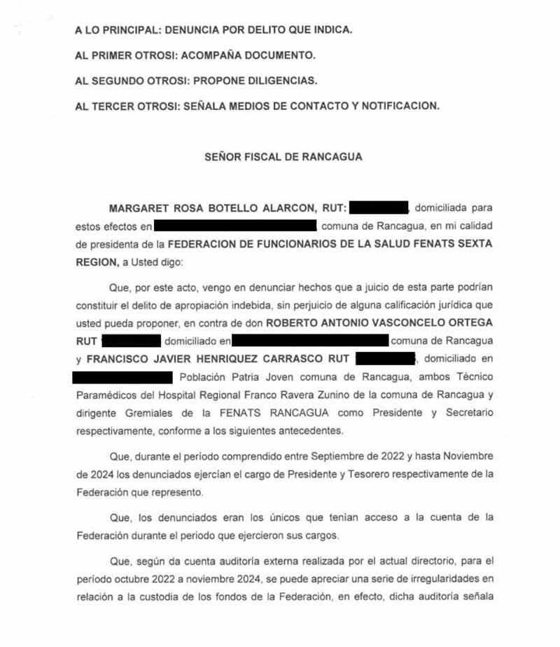 Fenats Sexta Región presenta denuncia por presunta apropiación indebida de fondos institucionales Fenats Sexta Región presenta denuncia por presunta apropiación indebida de fondos institucionales
