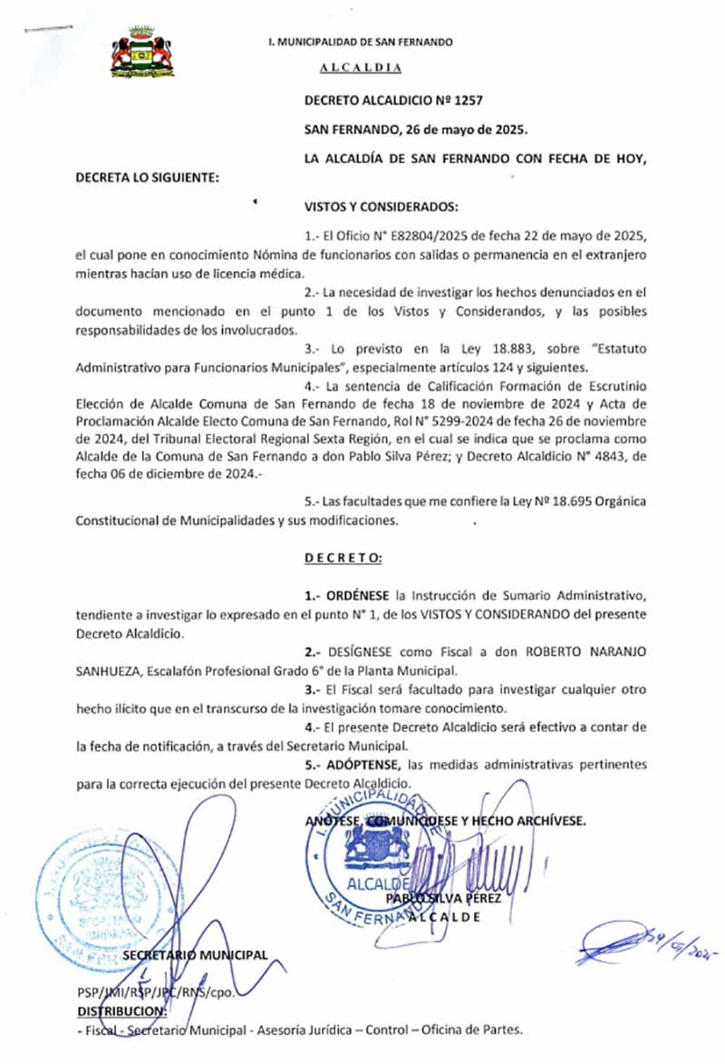 Municipalidad de San Fernando aclara inicio de sumario