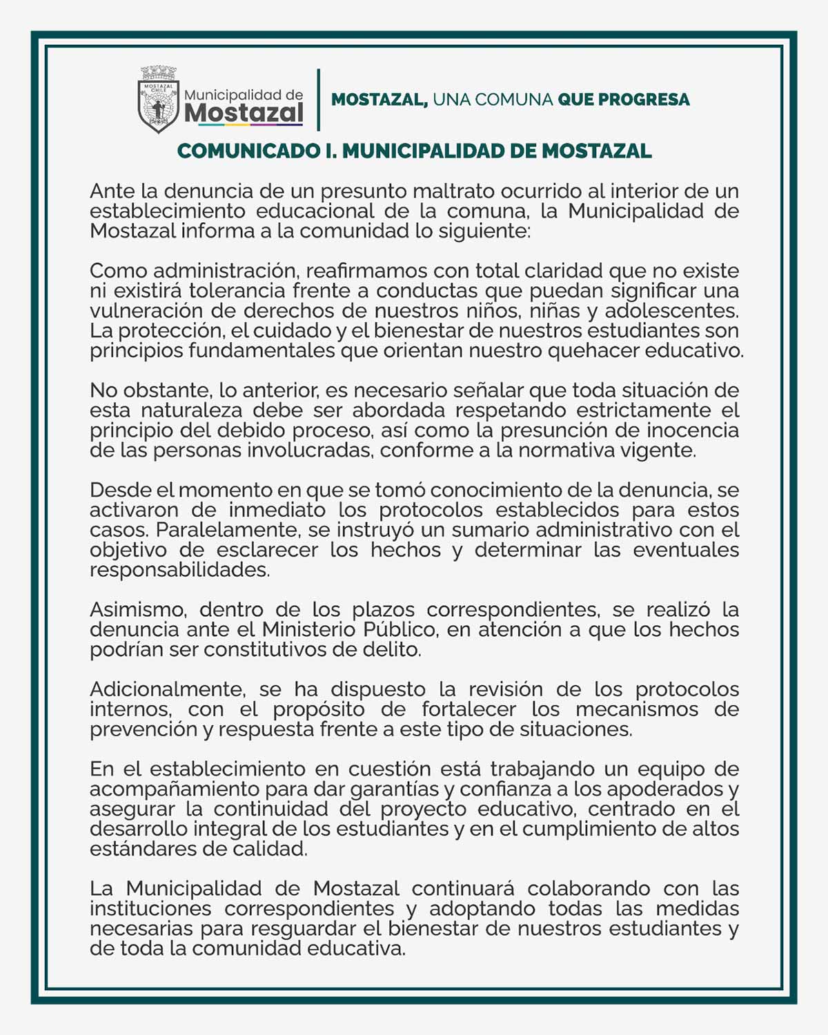 Municipio de Mostazal activa protocolos tras denuncia en establecimiento educacional