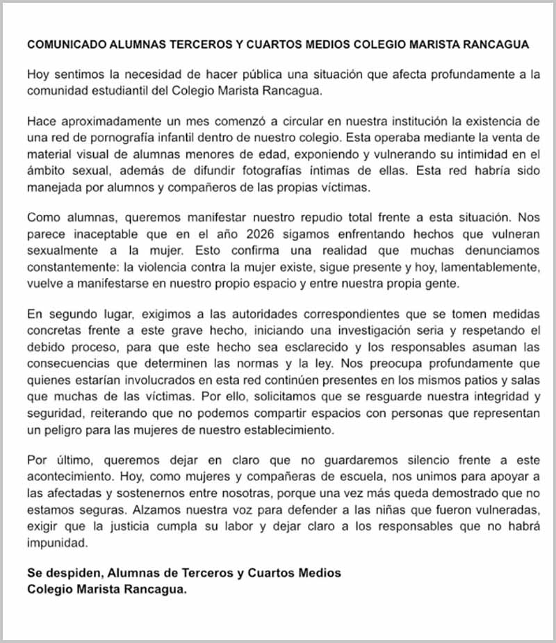 Alumnas del Colegio Marista de Rancagua denuncian presunta red de difusión de material íntimo