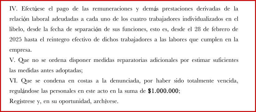 Tribunal de Rancagua ordena a Riqueza China reintegrar a cuatro trabajadores despedidos con fuero sindical Tribunal de Rancagua ordena a Riqueza China reintegrar a cuatro trabajadores despedidos con fuero sindical